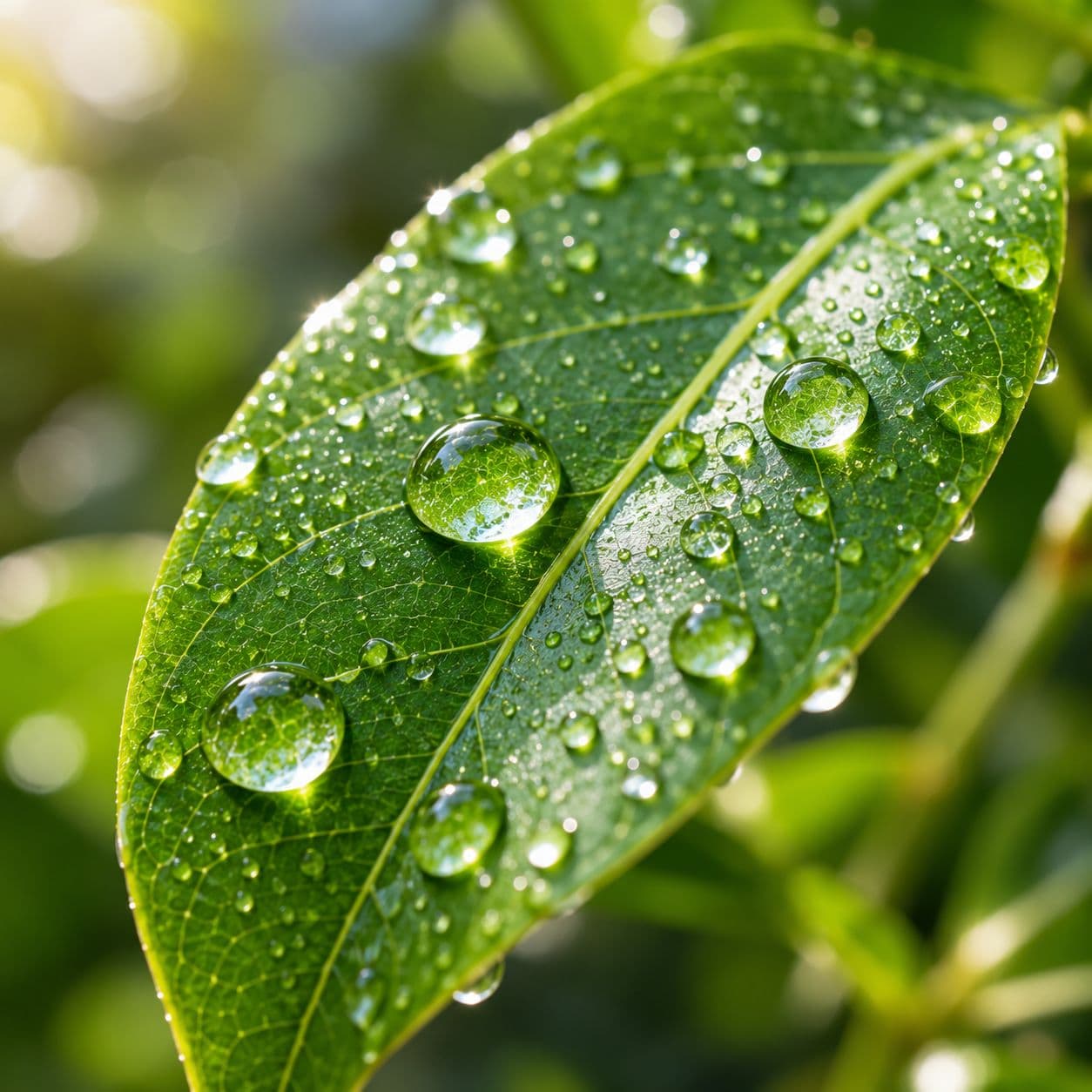 Close-up of a green leaf covered in water droplets